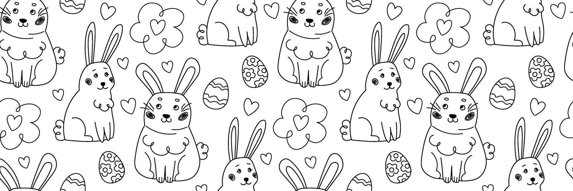 Easter pattern with doodle funny rabbit. Hand drawn trendy linear eggs and cute character. Spring baby background. For wrapping paper, textiles, children room decor. outline illustration. vector