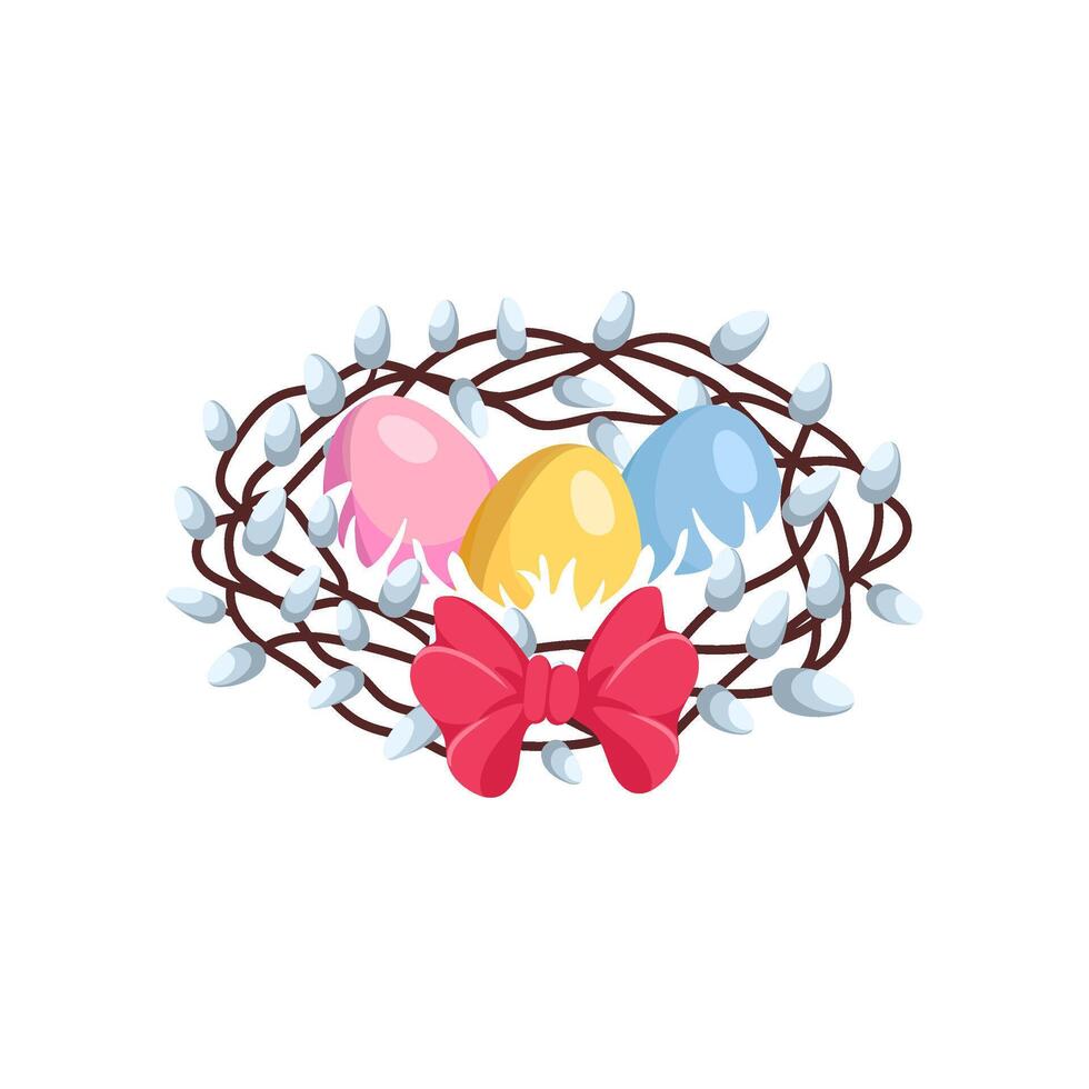 Cute Easter bird nest with Colorful Eggs and willow. Colored ribbons, blooming willow and egg. Holiday composition creates warm spring mood. Invitations and seasonal decor. illustration. vector