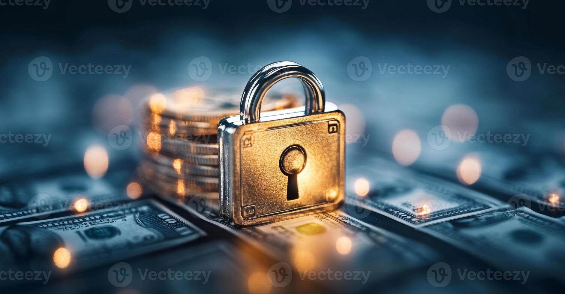 A golden padlock, symbolizing security, rests atop a stack of banknotes, emphasizing the importance of safeguarding financial privacy. The blurred background highlights the shield of assurance. photo