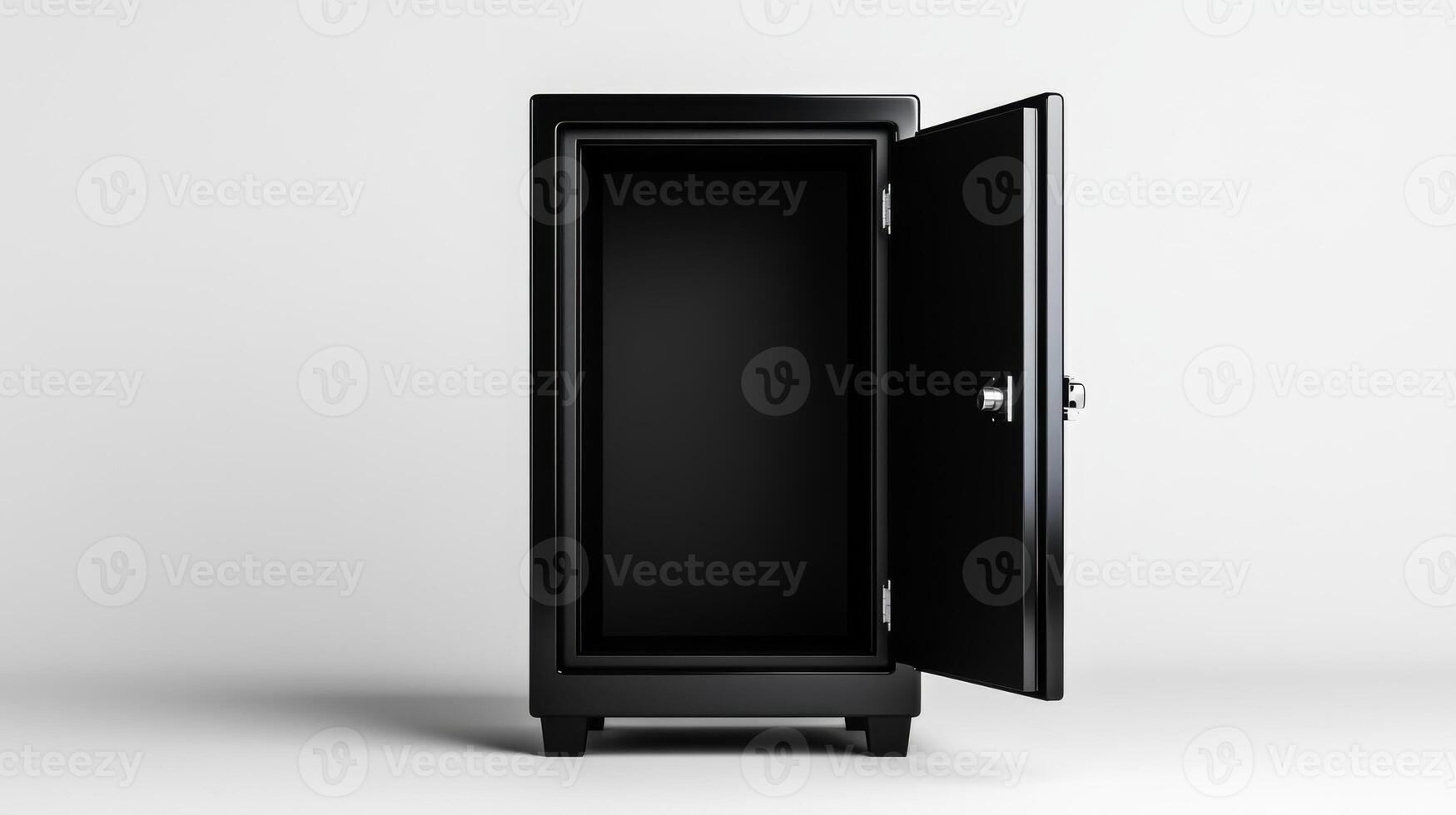 A black safe stands open against a neutral background, representing security and privacy in banking. Its sturdy construction emphasizes protection for valuable belongings and sensitive information. photo