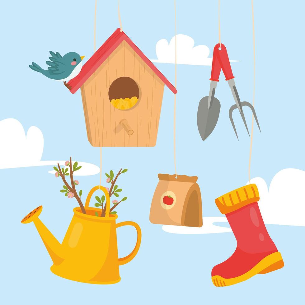 Spring Gardening Tools and Birdhouse Hang on Ropes vector