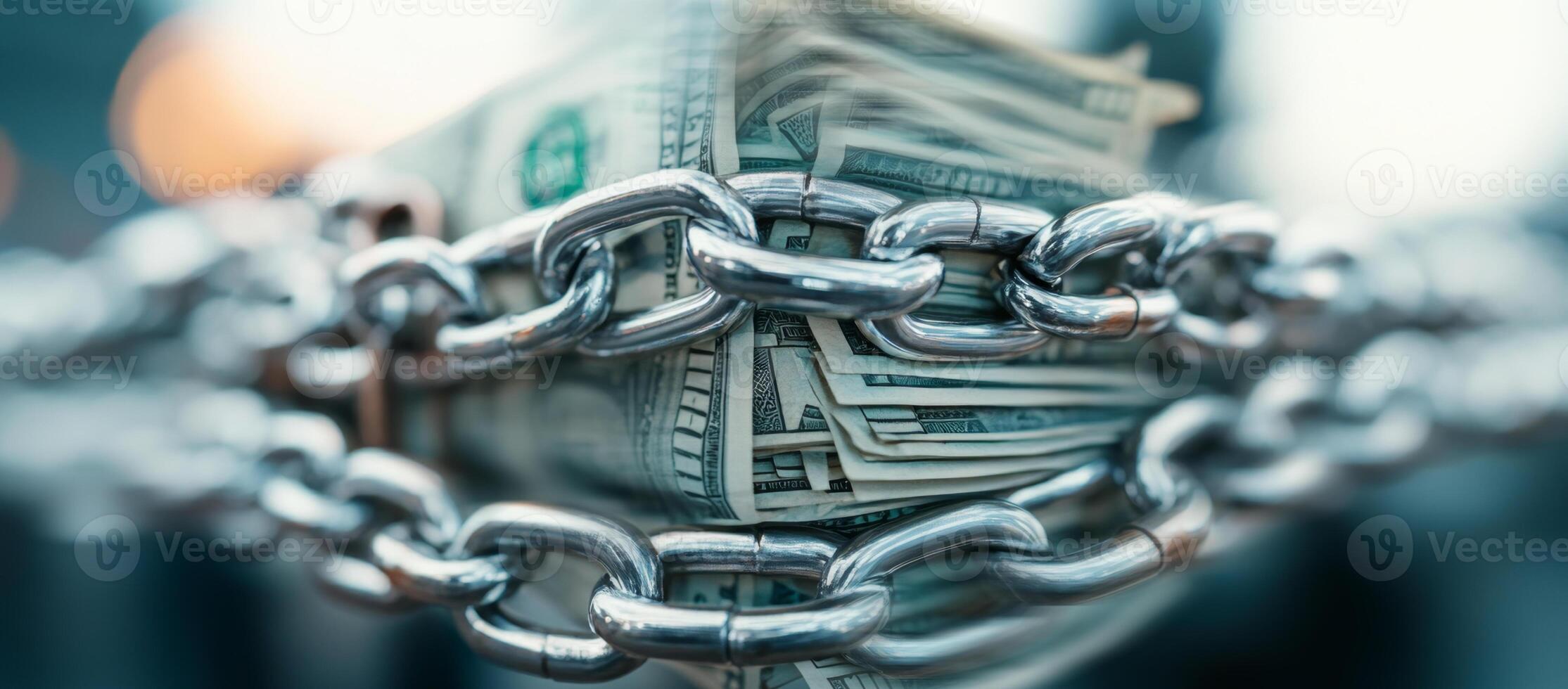 A stack of cash is securely bound by a heavy metal chain, symbolizing the importance of protecting finances. This visual highlights the need for privacy and security in banking practices. photo