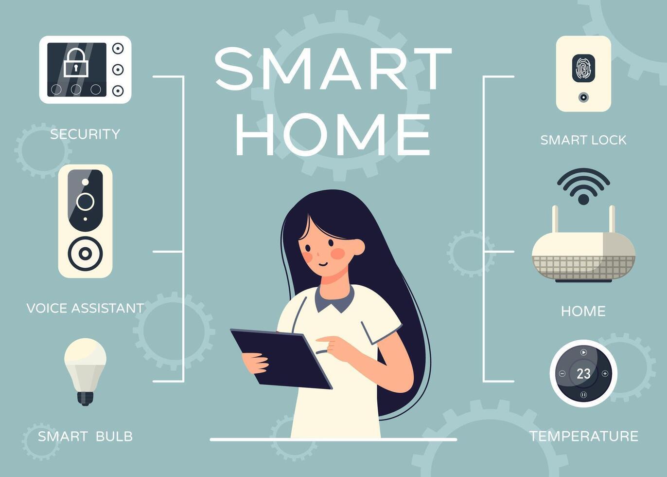 Girl Controls Smart Home Devices on Tablet Banner. vector
