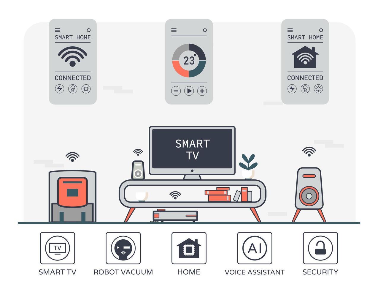 Smart Home Living Room with Connected Devices. vector
