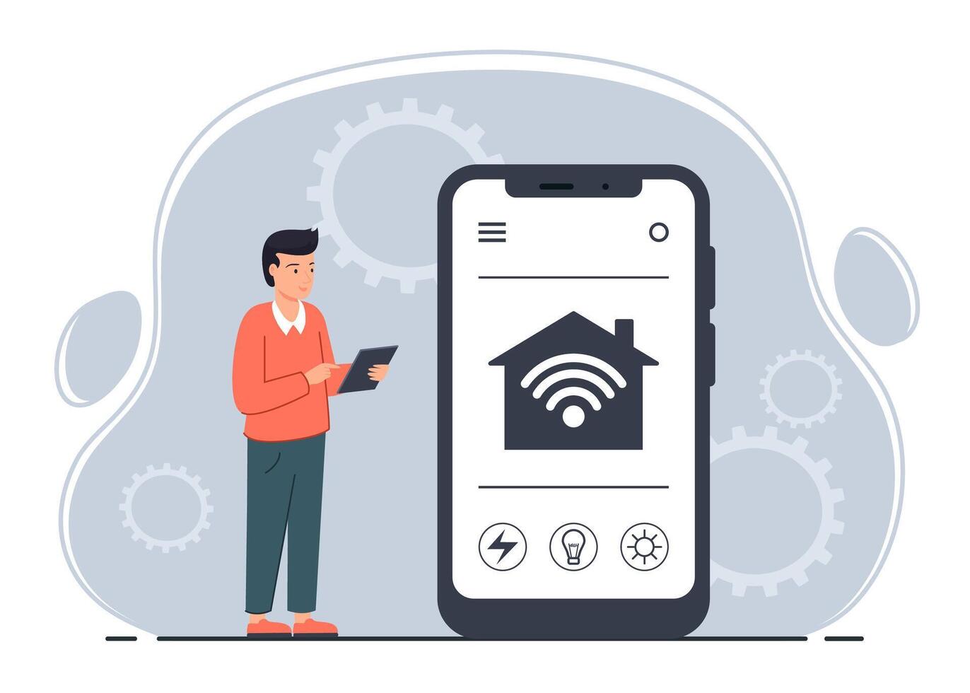 Man Use Mobile App for Remote Control Smart Home. vector