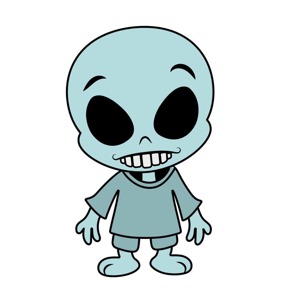 Funny cartoon alien. Creepy cute alien. Smiling kind alien with a big head in a shirt. Print for T-shirt, hoodie, etc vector