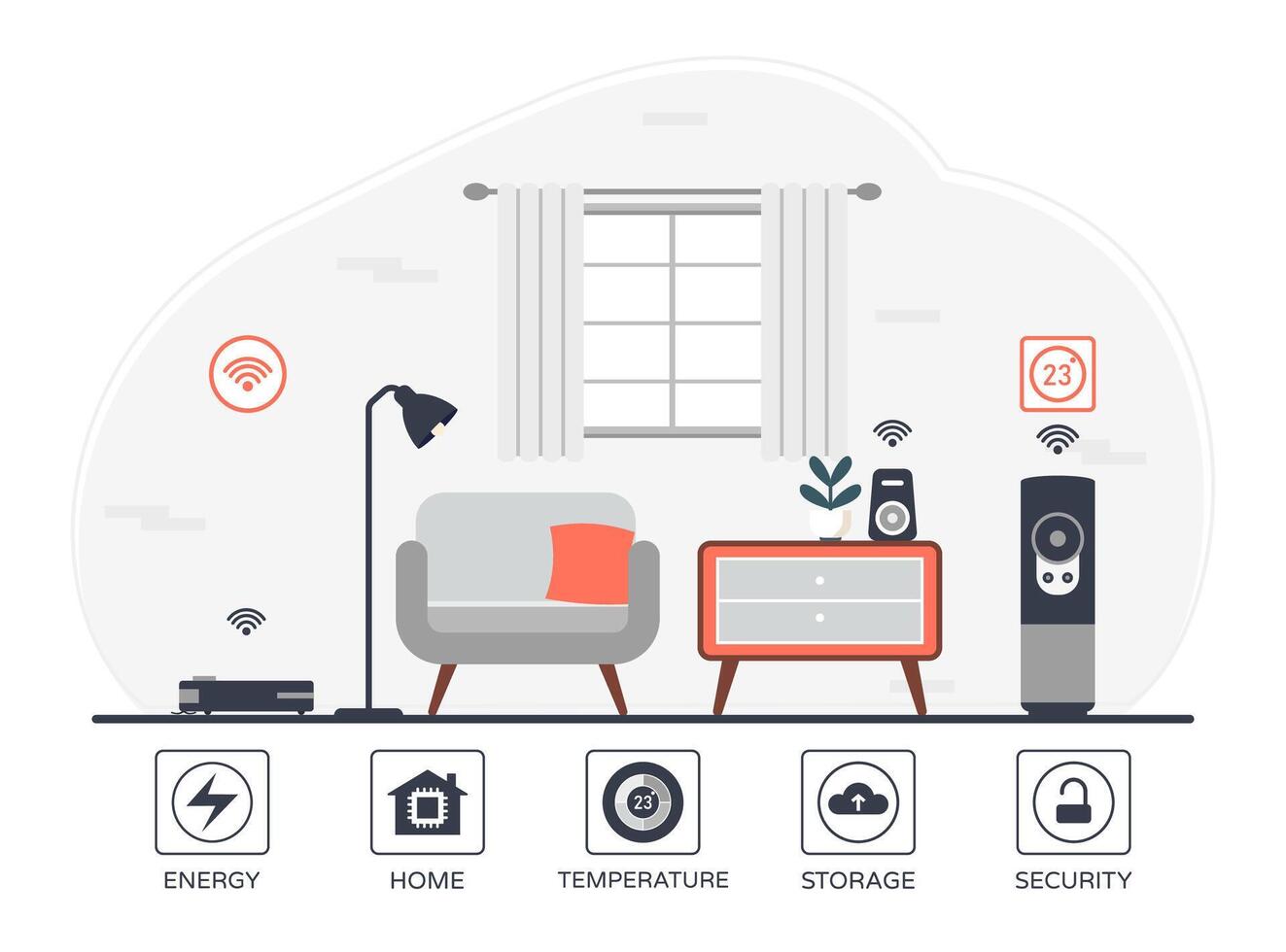 Smart Home Room with Wireless Automation System. vector