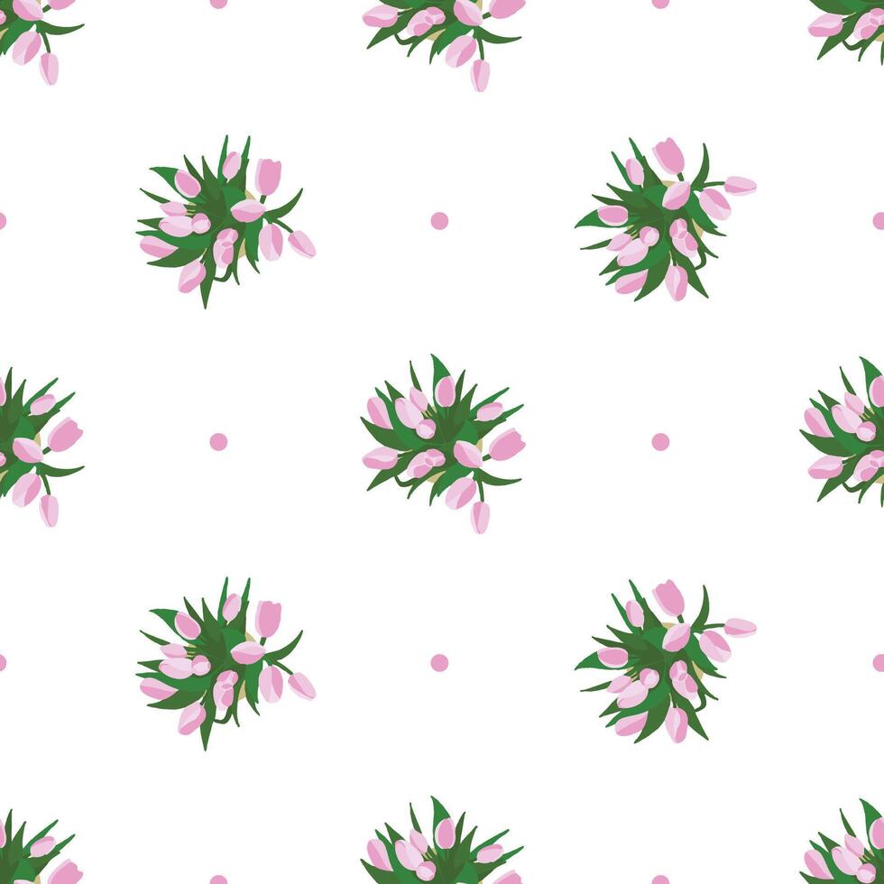 Seamless pattern with hand drawn pink tulips top view and polka dot. Spring, 8 march background vector