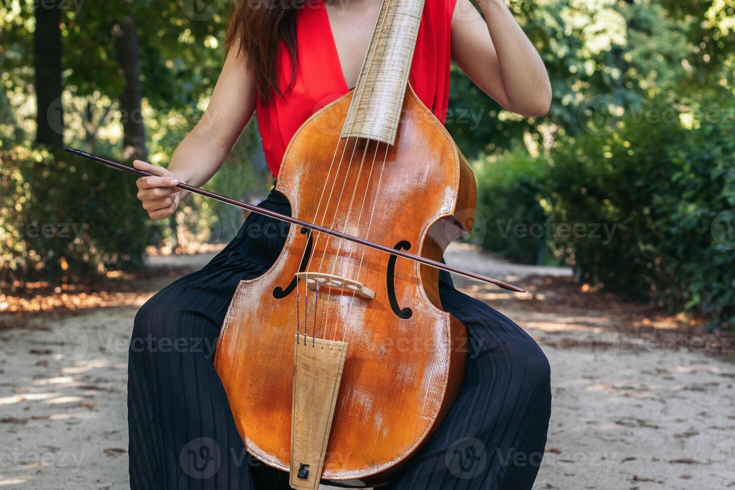 Woman playing the cello in a park. photo