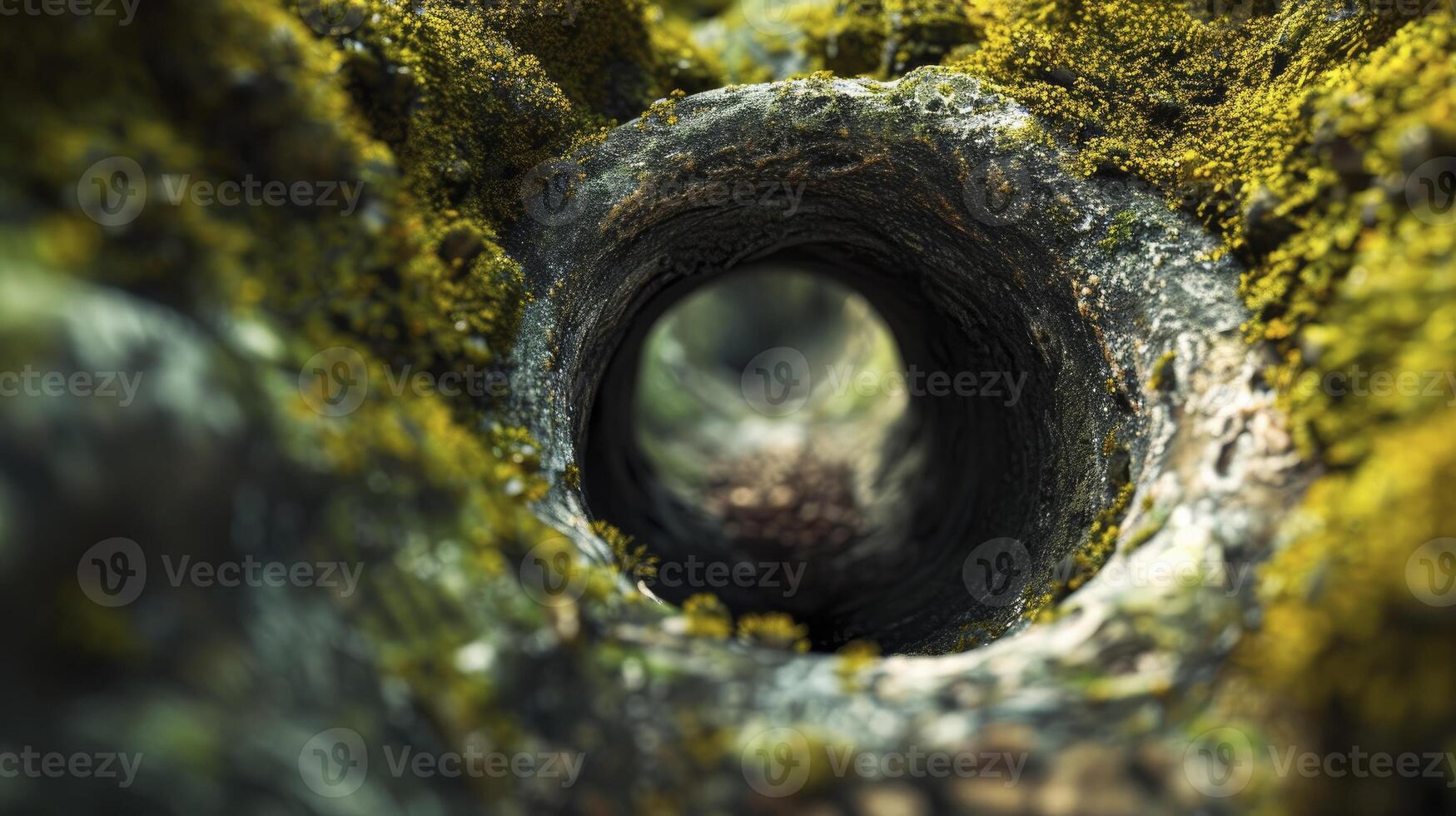 A hole in the ground with moss growing around it photo