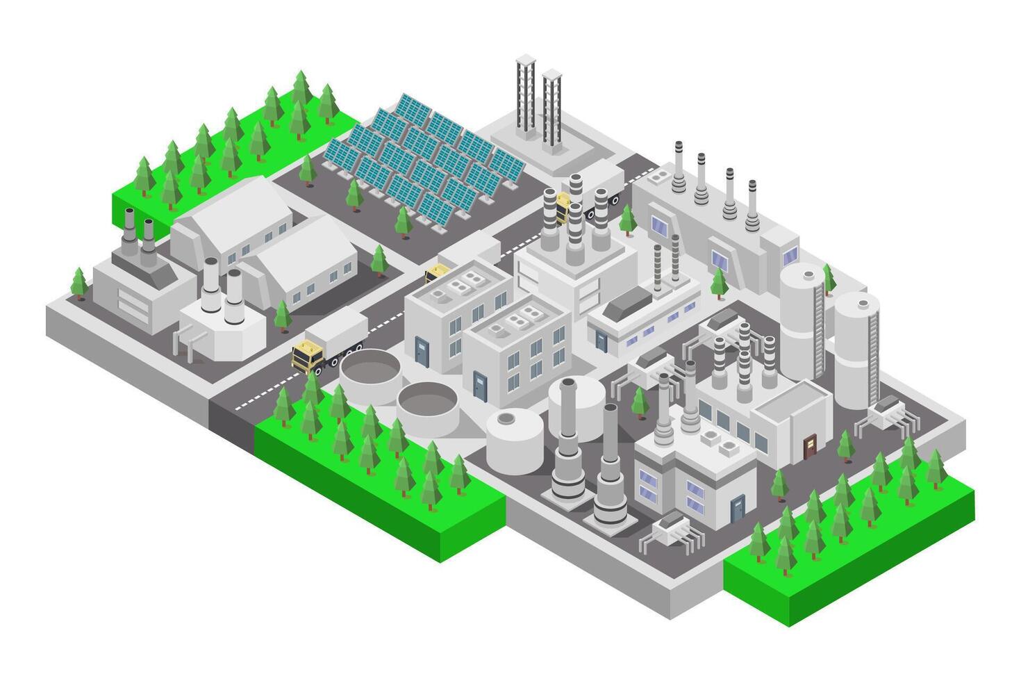 An industrial plant with solar panels and a factory vector