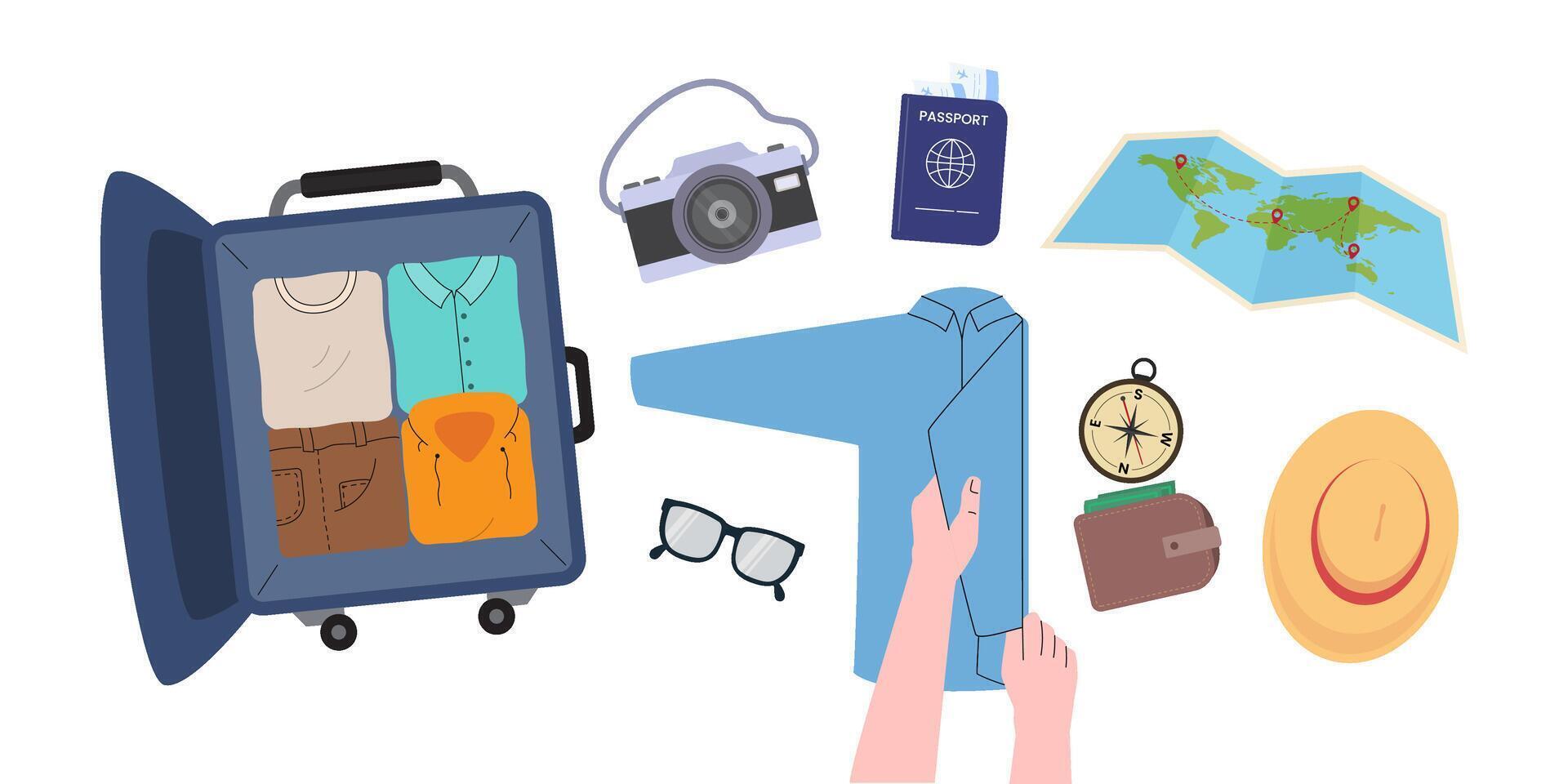 Set of Illustrations preparing to travel. Time to get back to traveling for vacation. flight travel vector