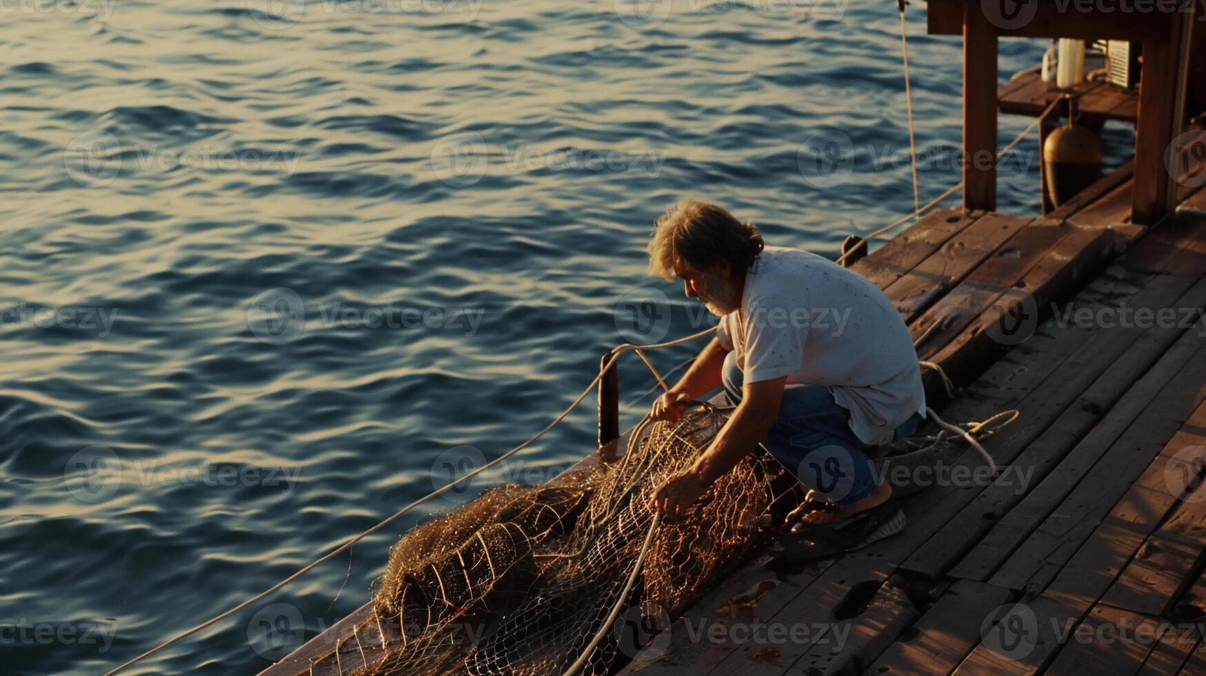 Elderly man mending fishing net on wooden dock at sunset photo