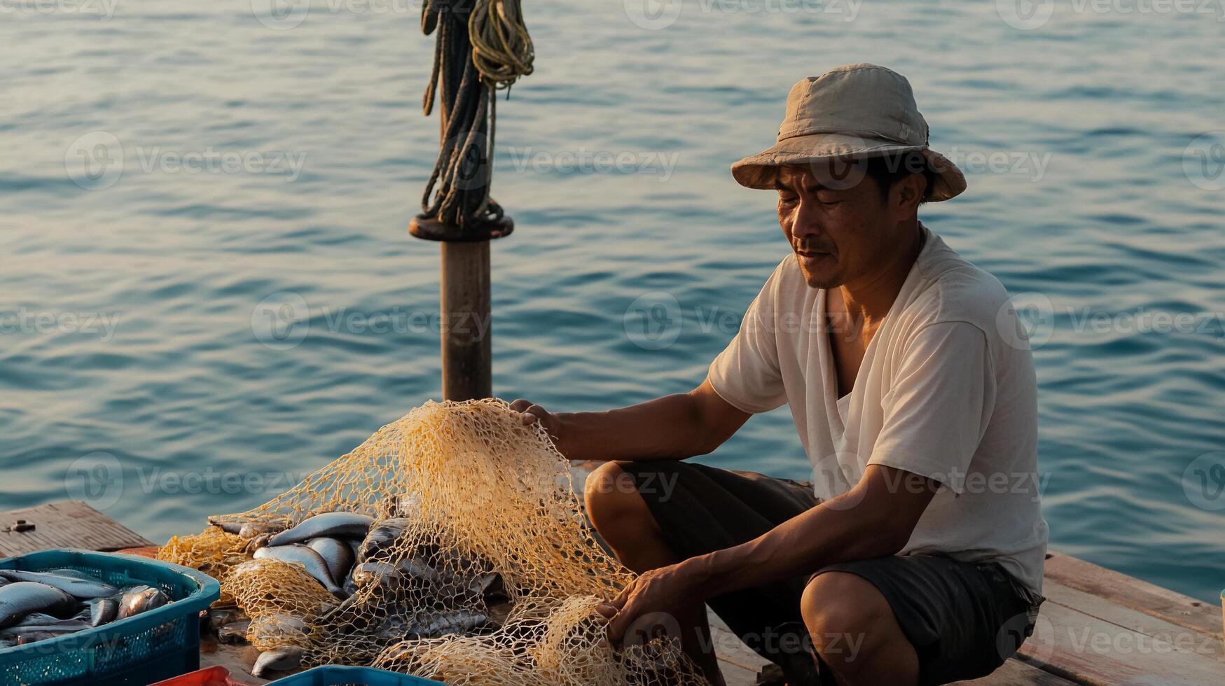 Fishermen sorting fresh catch on a boat deck at sunrise photo