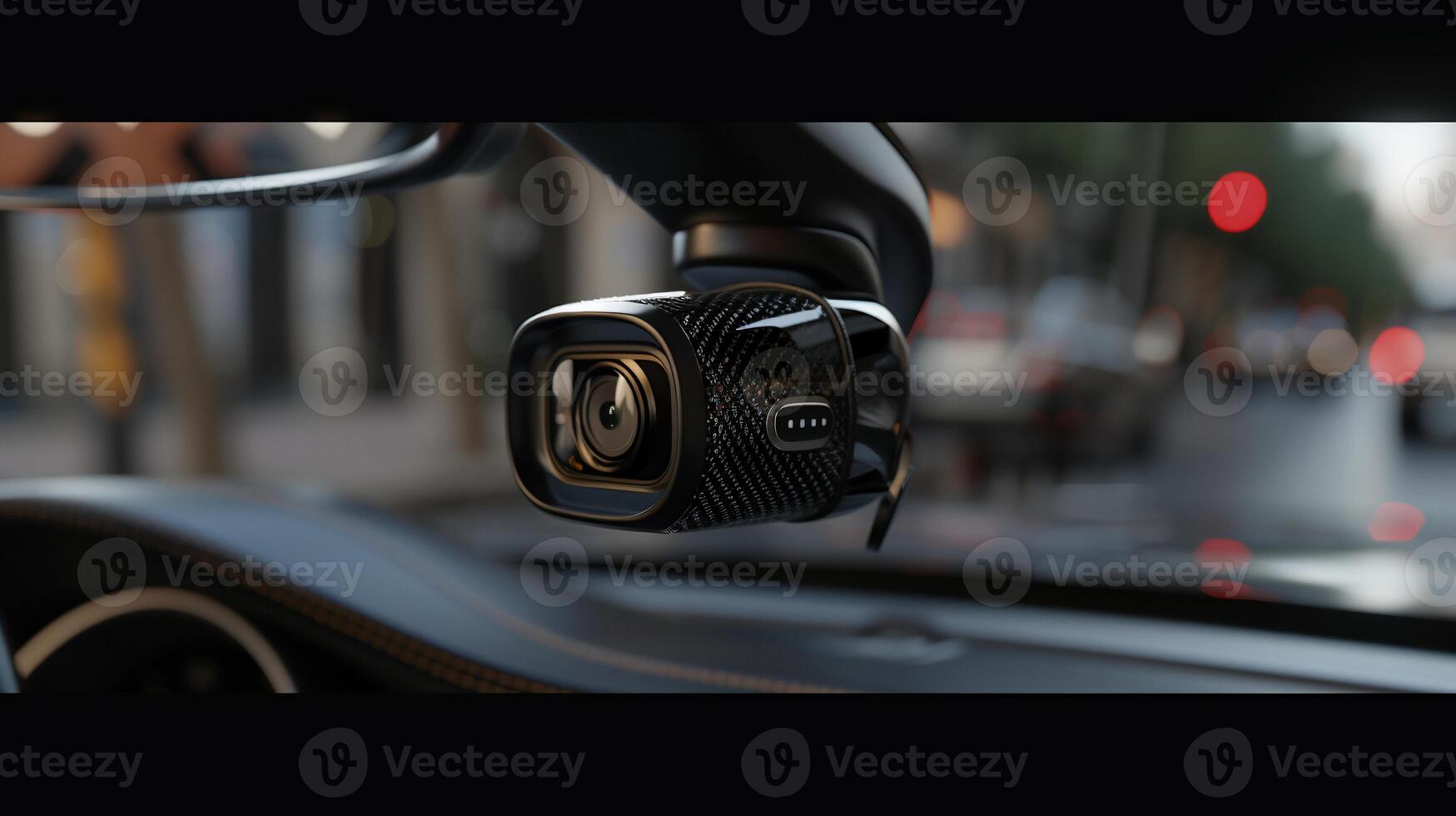 Compact dashcam, sleek design, mounted on rearview mirror, capturing street view photo