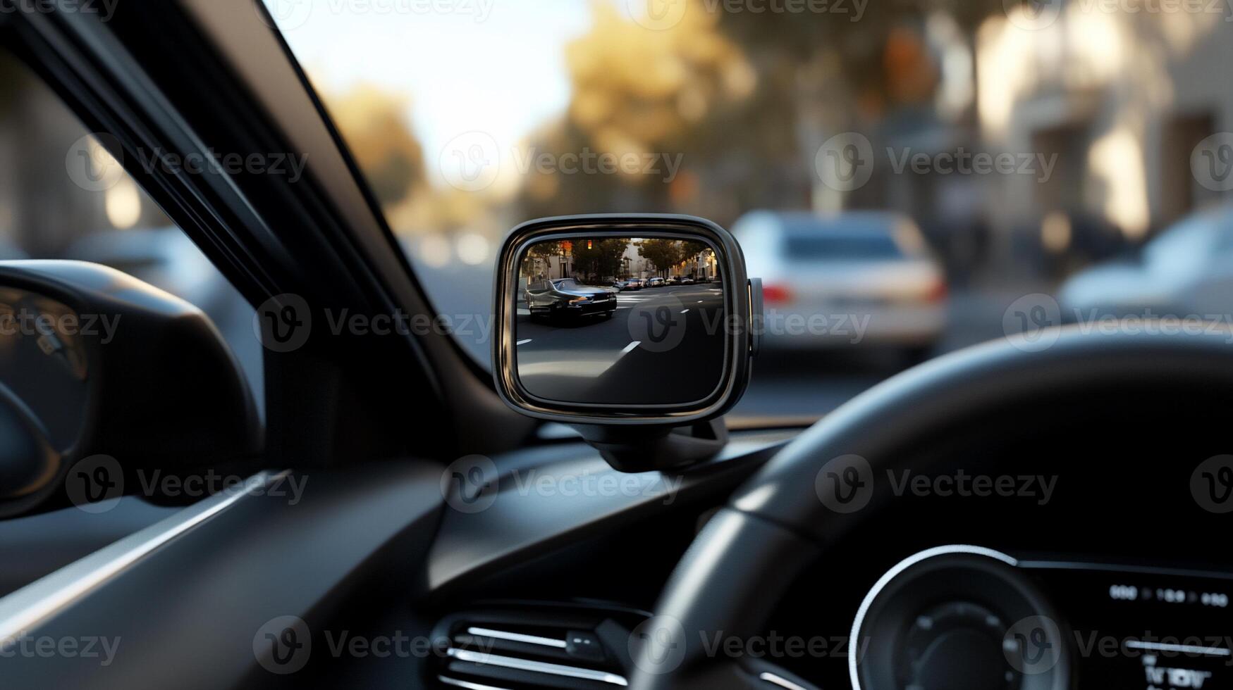 Smart rearview mirror displaying clear road view photo