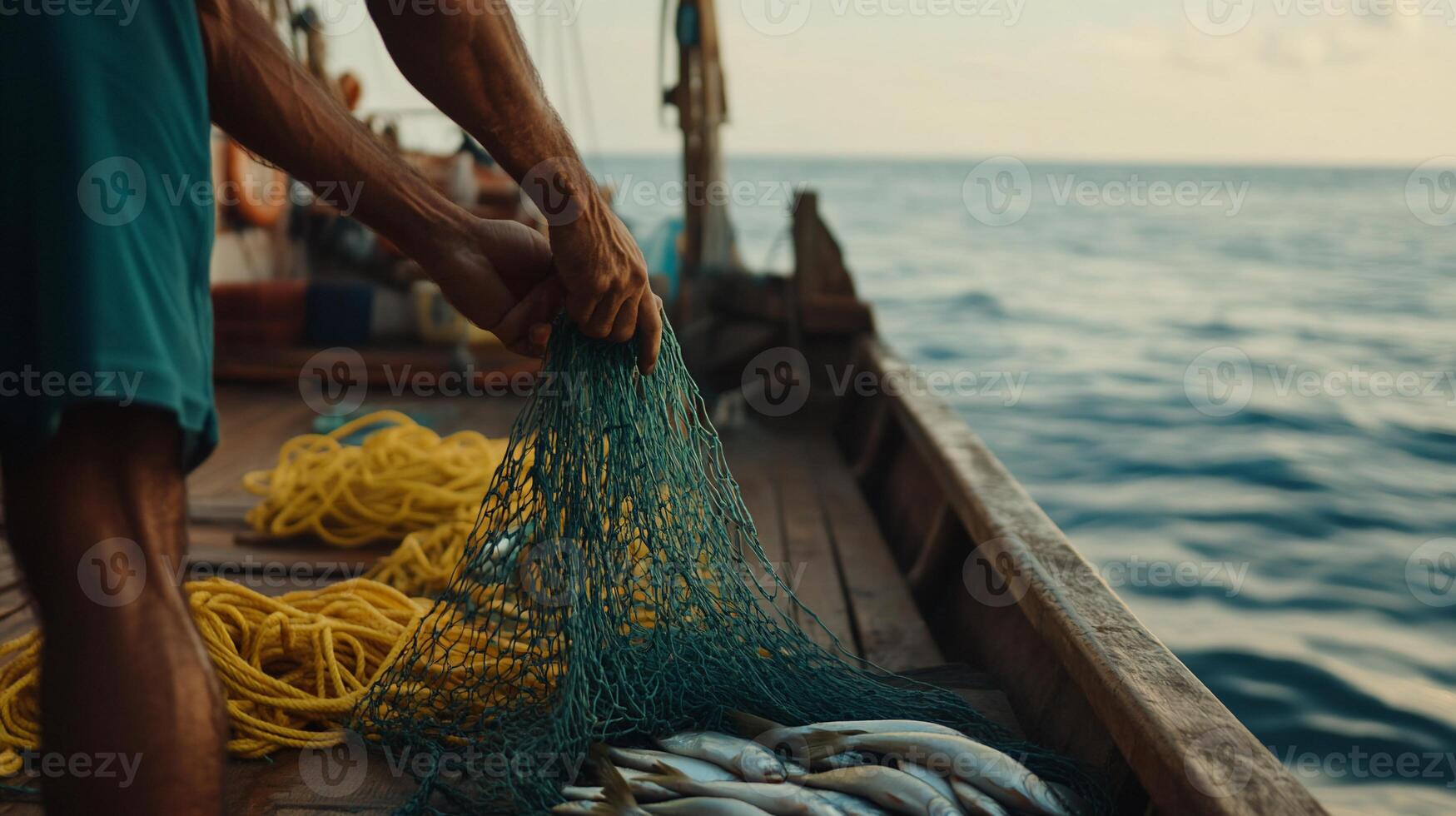 A man is holding a fishing net on a boat photo