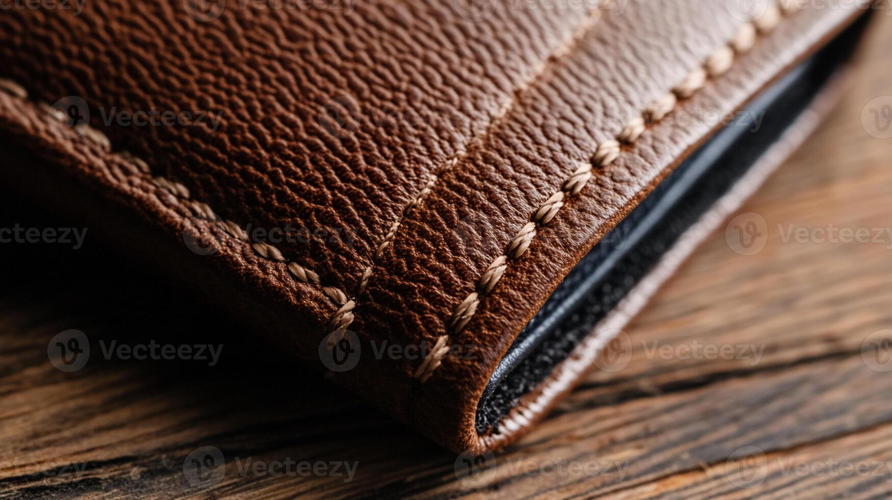Close-up of brown leather item with detailed stitching, resting on wood photo