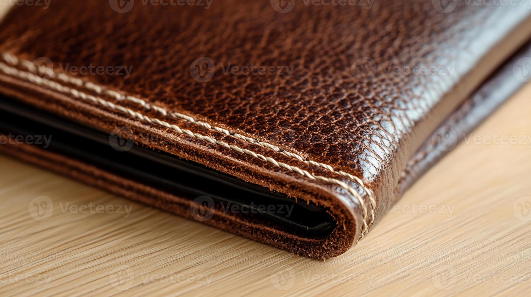 A close up of a leather wallet sitting on a table photo