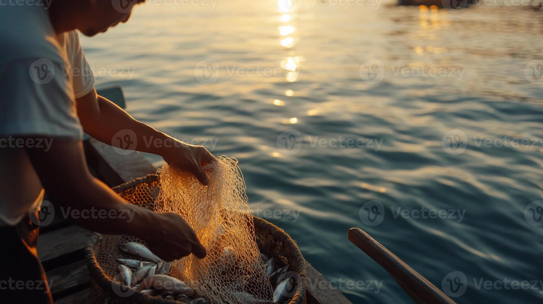 Fisherman emptying his net at sunset photo