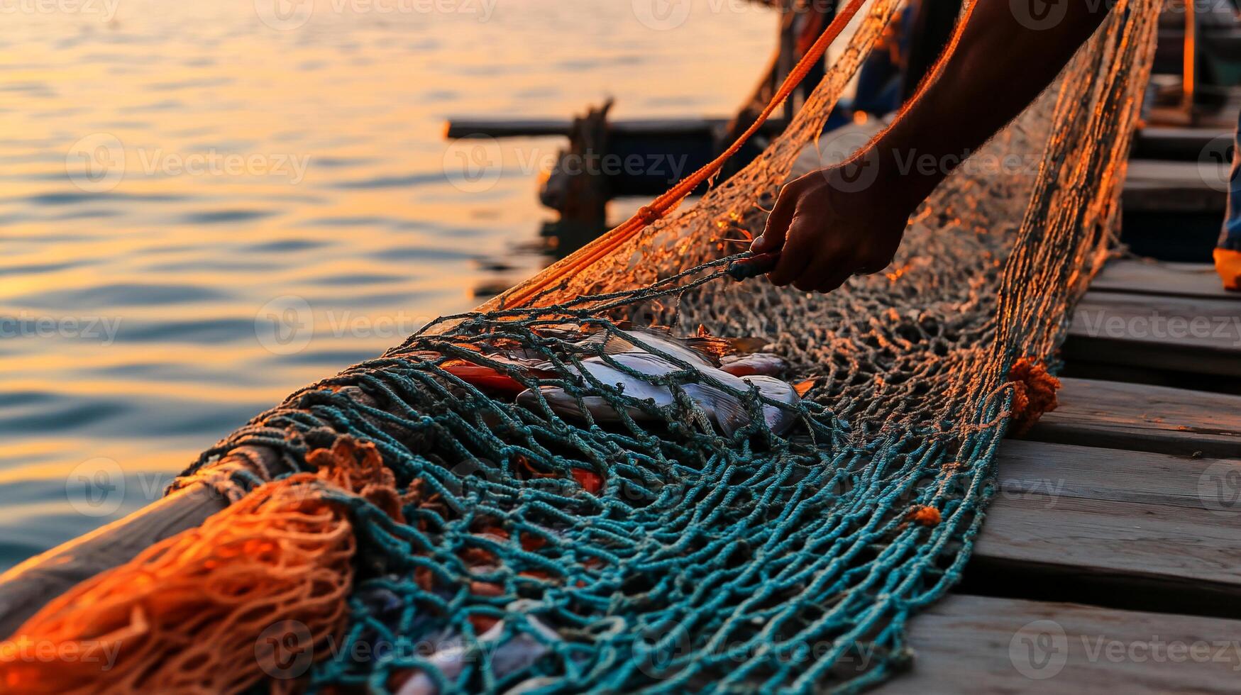 Fishing net with fresh catch on a wooden dock at sunrise photo