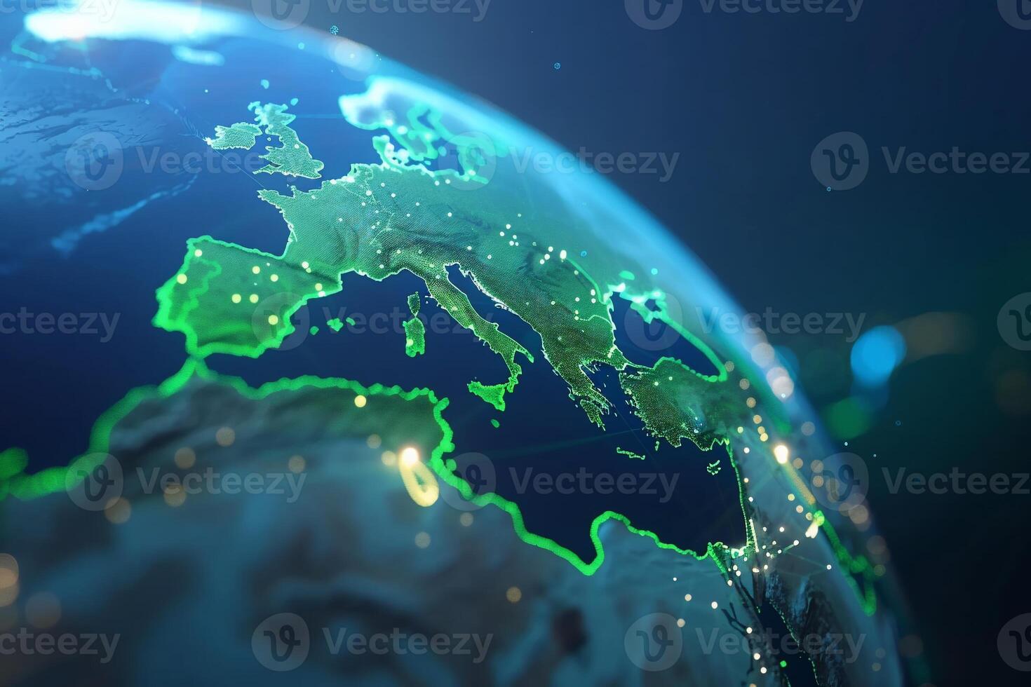Detailed view of Europe on a globe, illuminated with glowing points photo