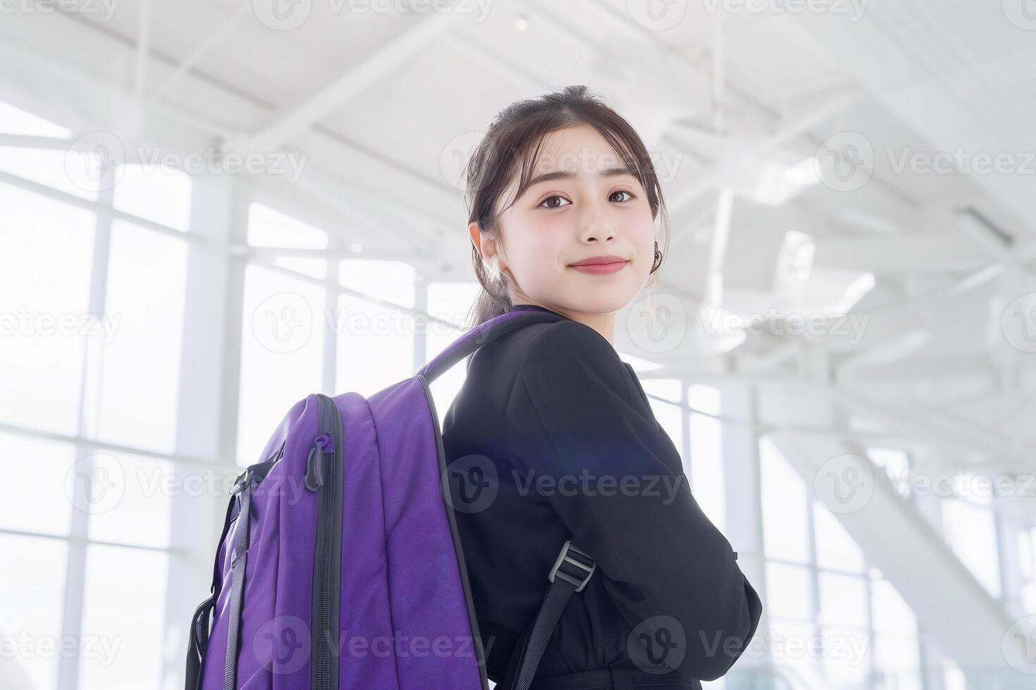 Young woman with a backpack in an airport photo