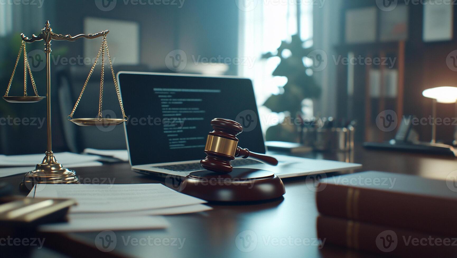 A laptop, a gavel and a book on a desk photo
