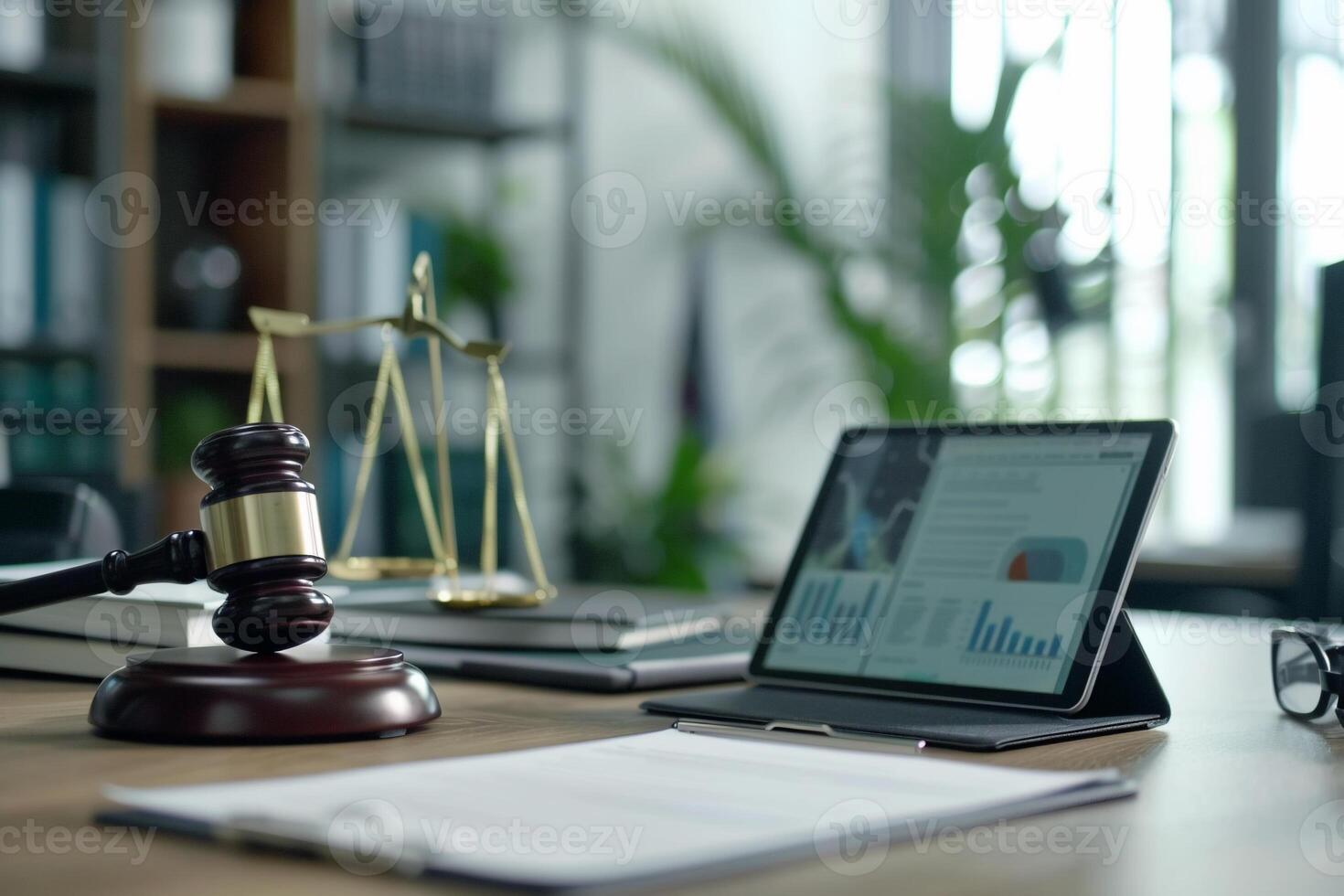 Law office workspace with tablet, documents, scales, and gavel photo
