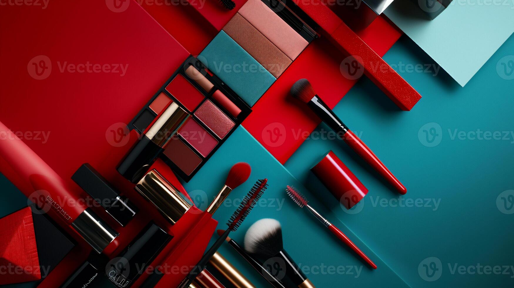 Red and teal makeup products arranged in geometric patterns photo