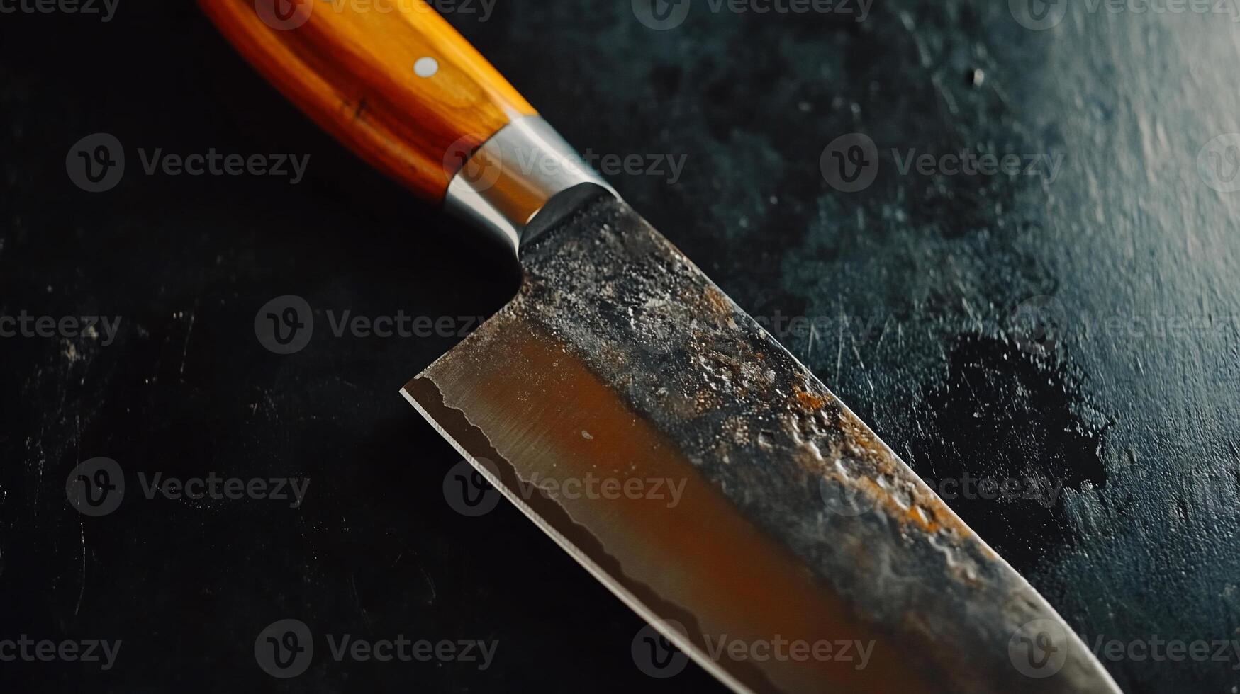 Close-up of a chef's knife with a distinctive blade photo