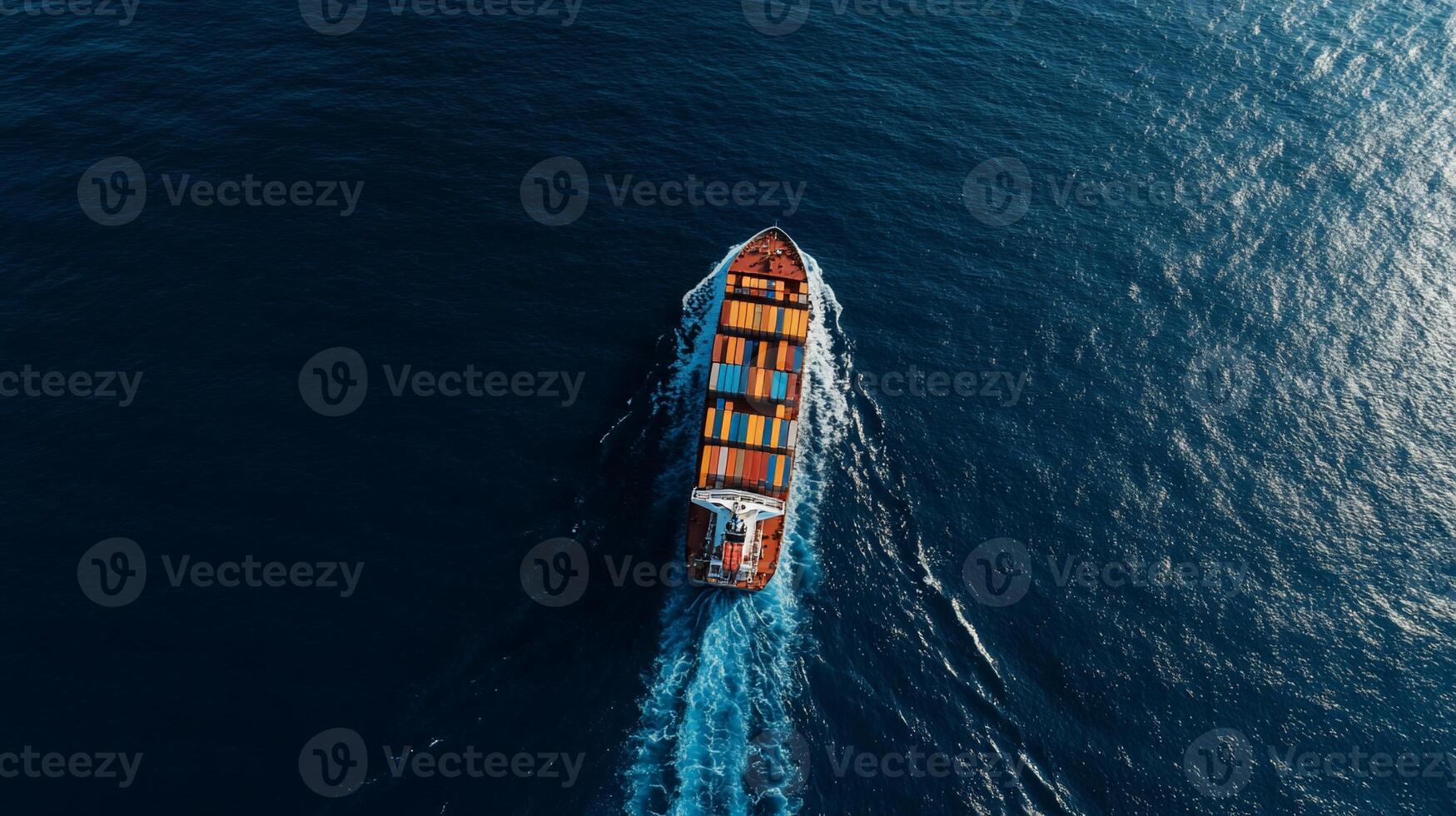 An aerial view of a cargo ship traveling across the ocean photo
