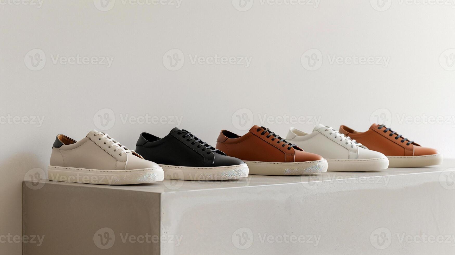 A row of five different colored sneakers on a shelf photo