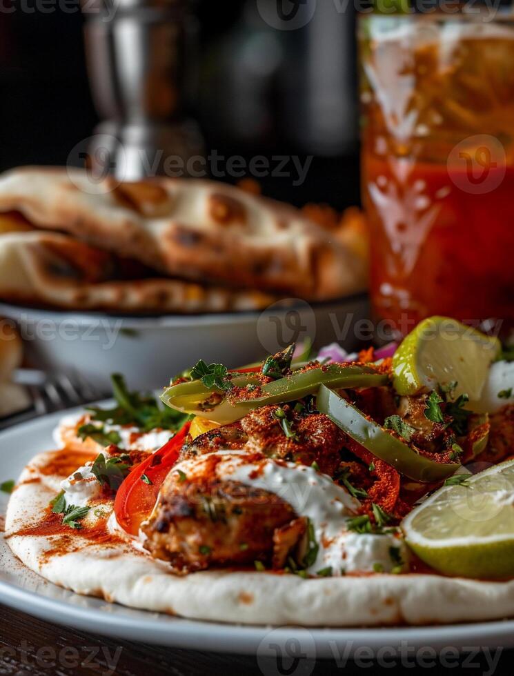 Delicious chicken wrap with fresh vegetables, creamy sauce, and warm pita photo