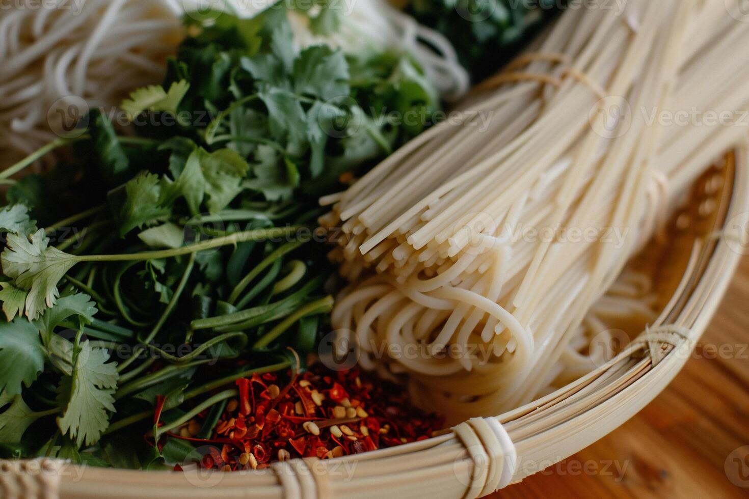 Fresh Asian Noodles and Herbs in a Bamboo Basket photo