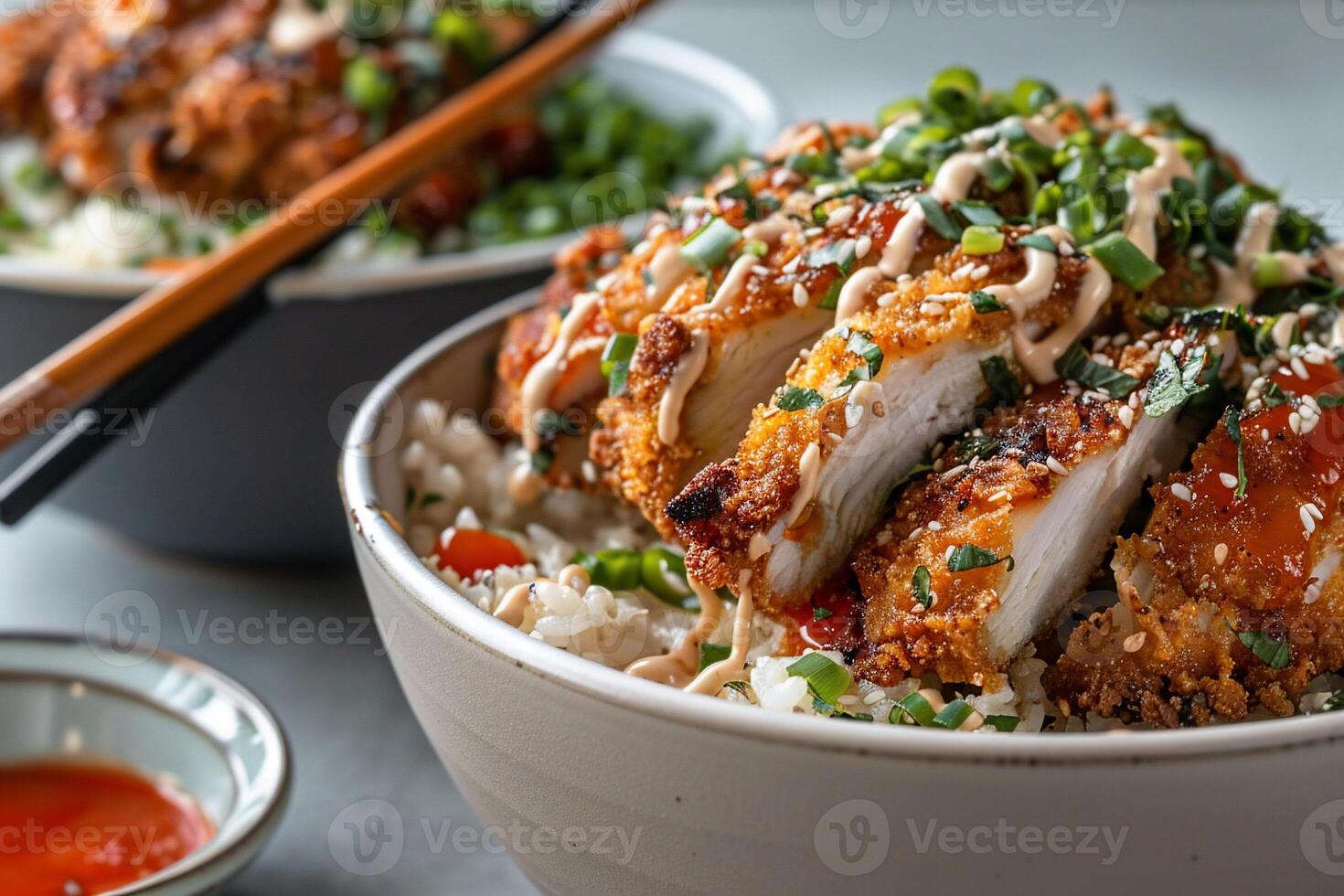 Crispy chicken bowl with rice photo