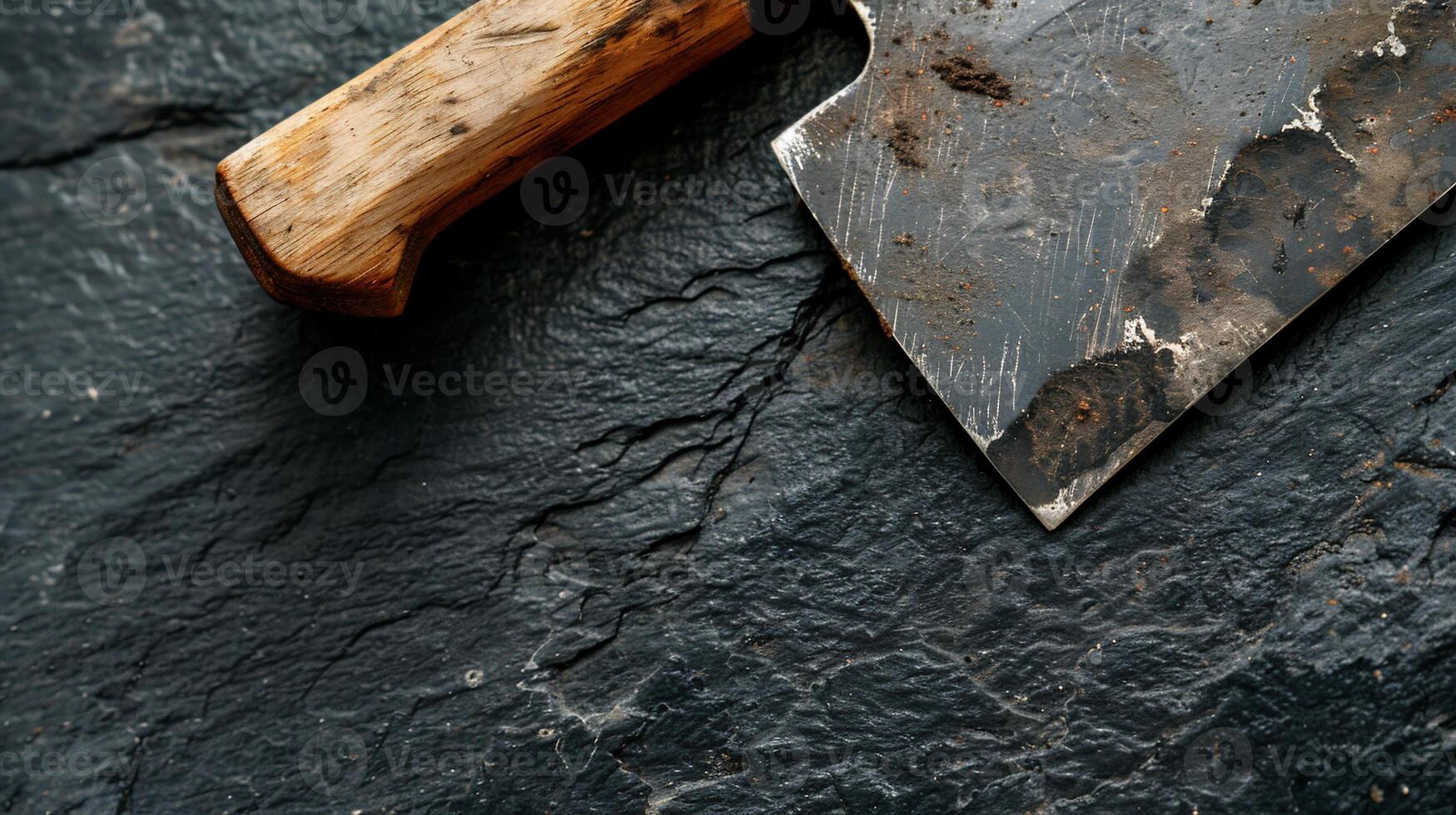 Rustic butcher knife on dark stone surface photo
