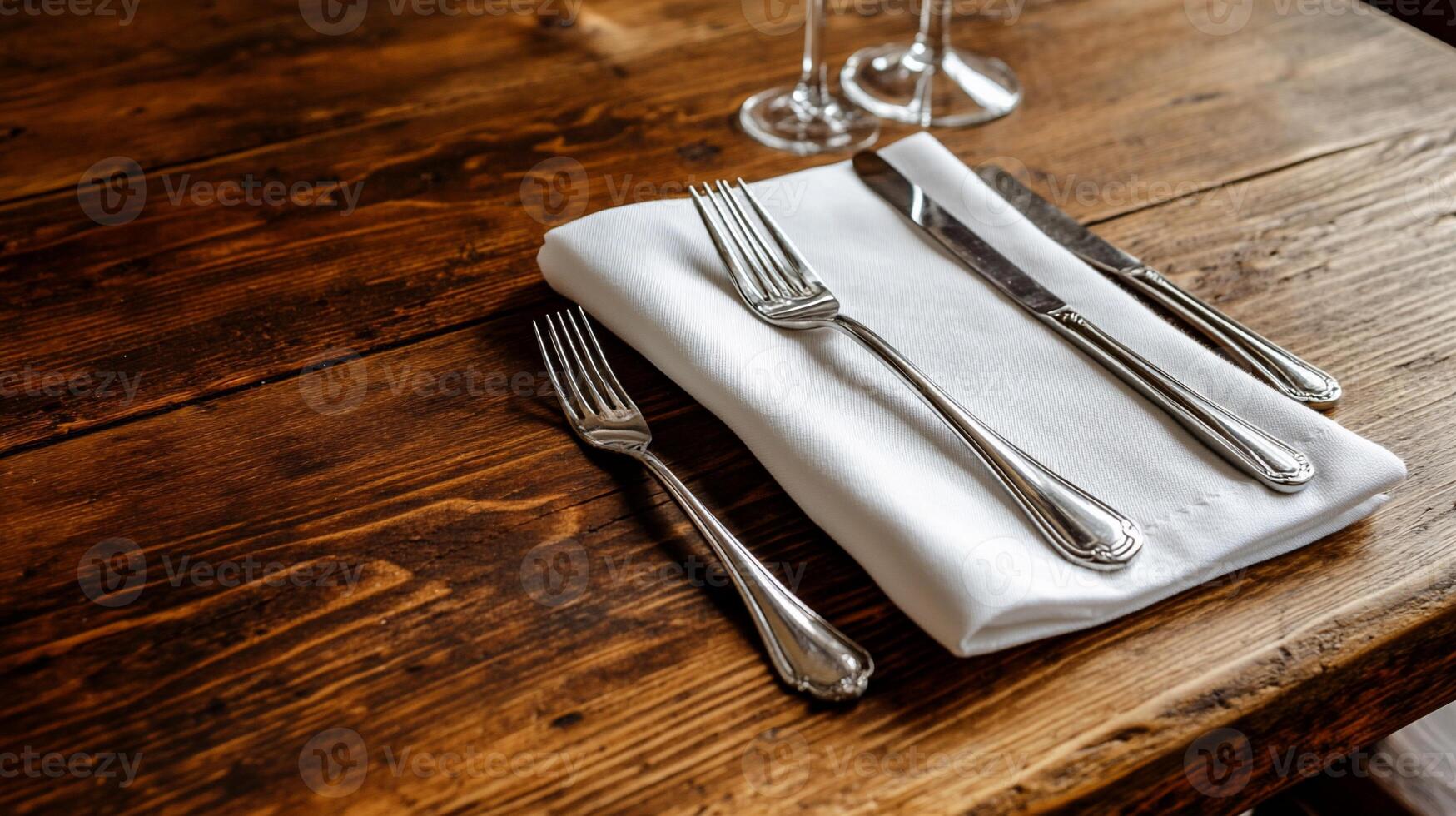 Formal table setting on rustic wooden surface photo