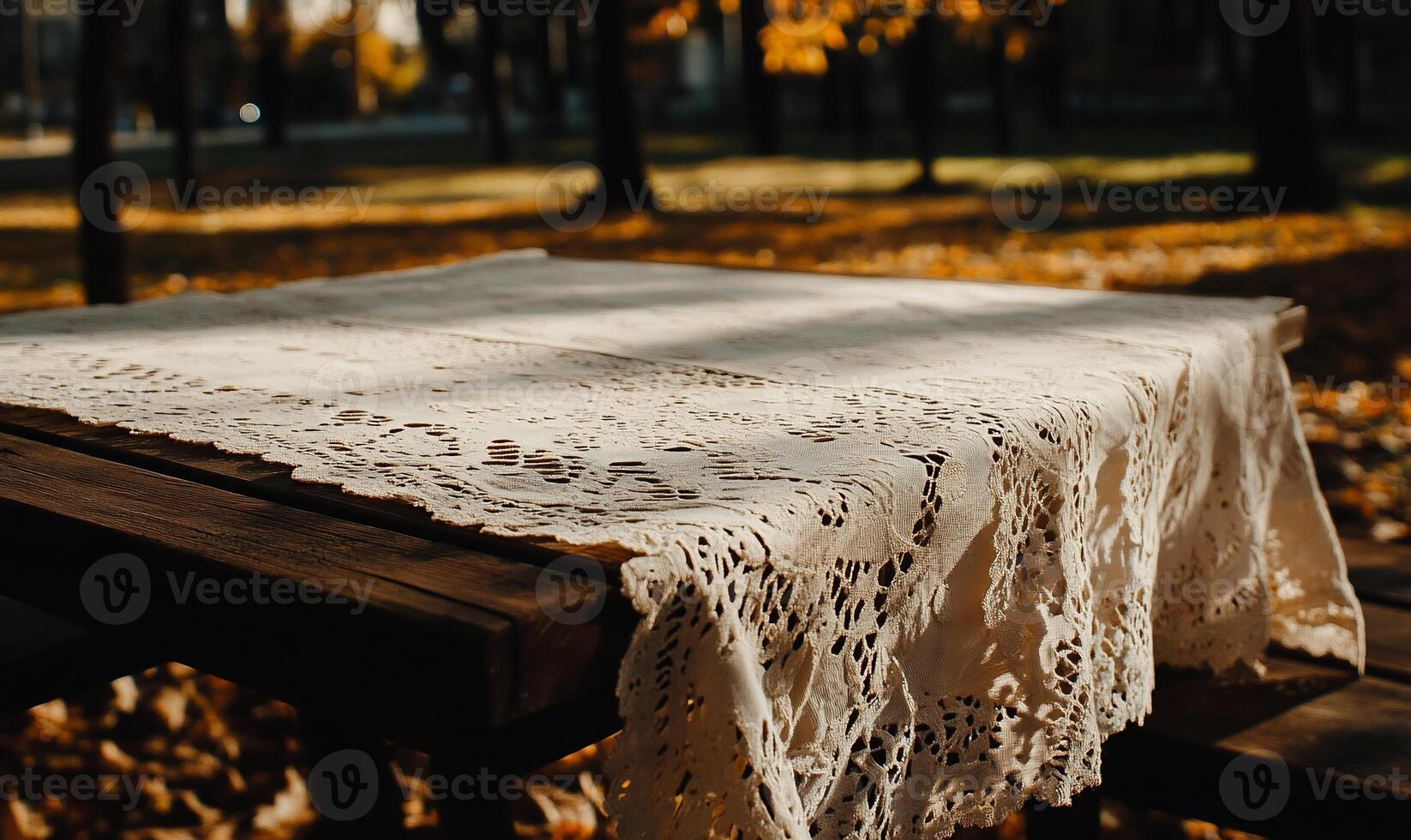 Autumnal outdoor picnic table with lace tablecloth photo