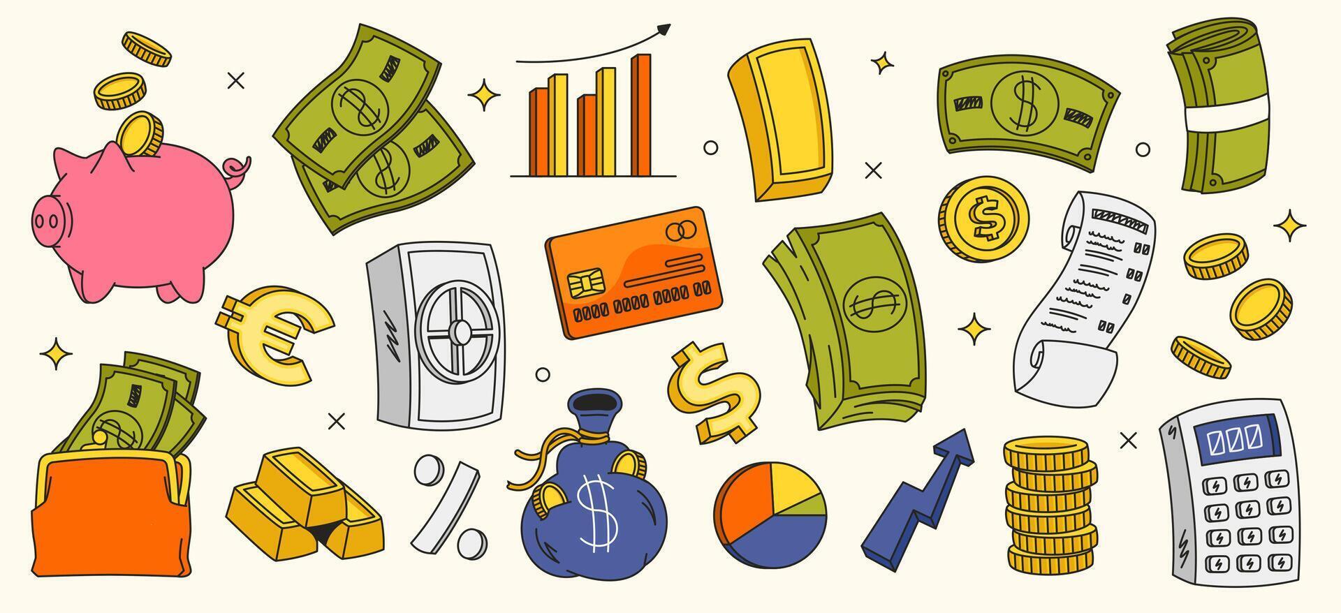 Retro finance sticker. Cartoon 90s money coin gold savings and budget, financial management icons, Y2k doodle credit card, piggy bank, cash and wallet. money isolated set vector
