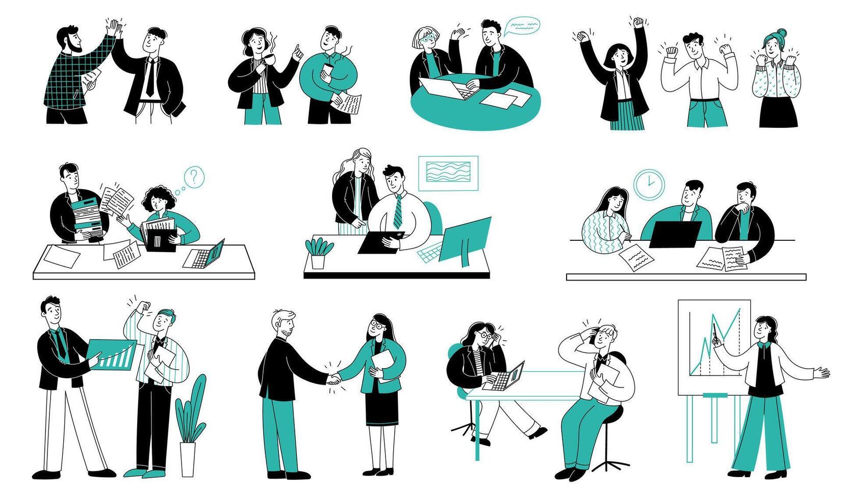 Office people sketch. Sketch business team corporate characters working, meeting and communicating, linear workers scenes. busy people doodle set vector