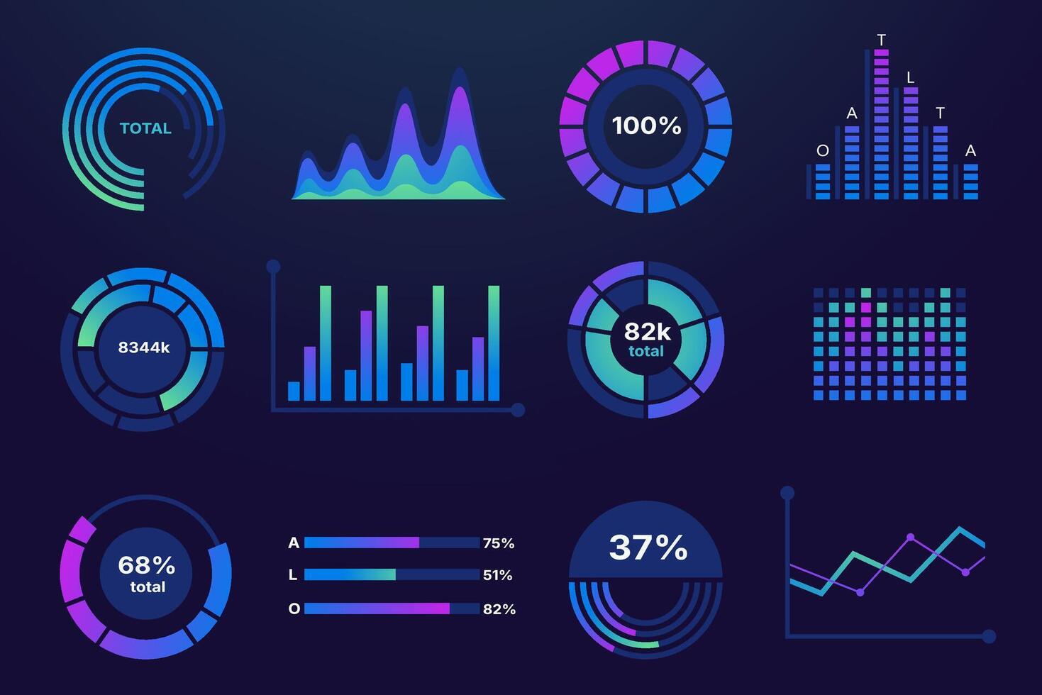 Data chart graph. Business statistics infographic elements, dat analysis progress report presentation with line and bar diagrams. pie chart isolated set vector