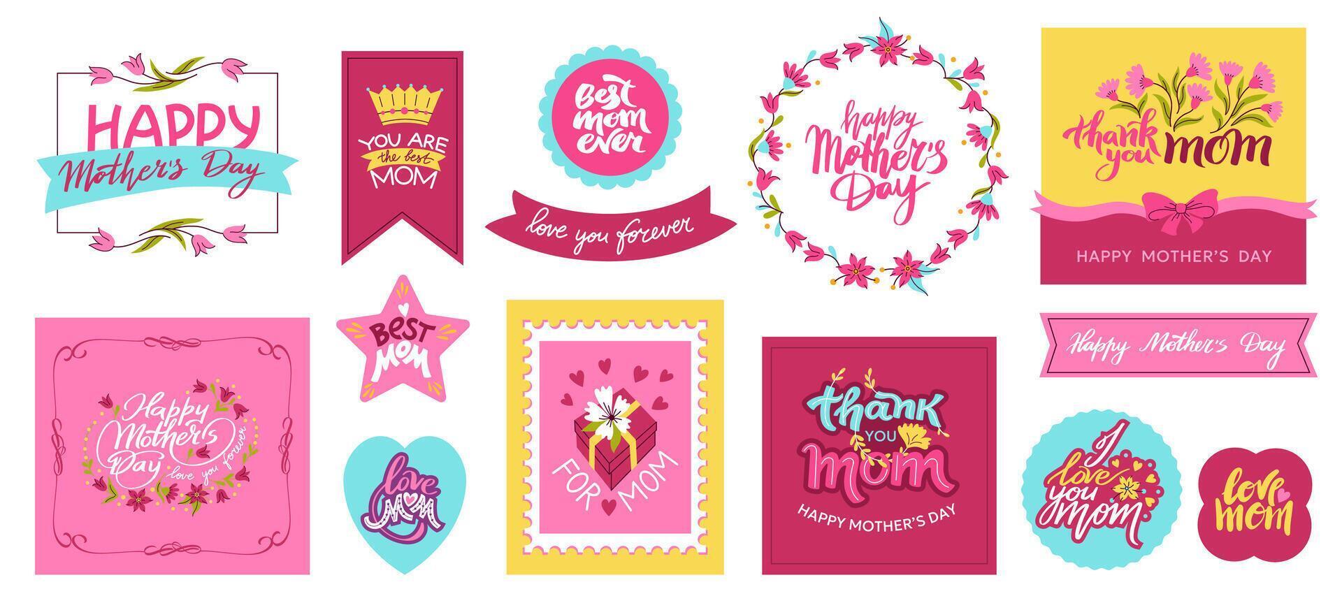 Mothers Day frames. Floral text border with decorative elements for greeting card, simple frame with text for holiday celebration. isolated set vector