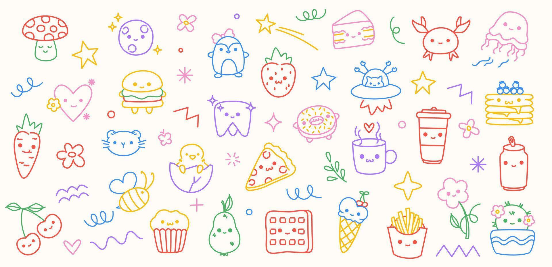 Cute colorful kid icon. Doodle children elements, cartoon childish characters with funny baby faces fast food and fruits, kindergarten animals, preschool kids color drawings. isolated set vector