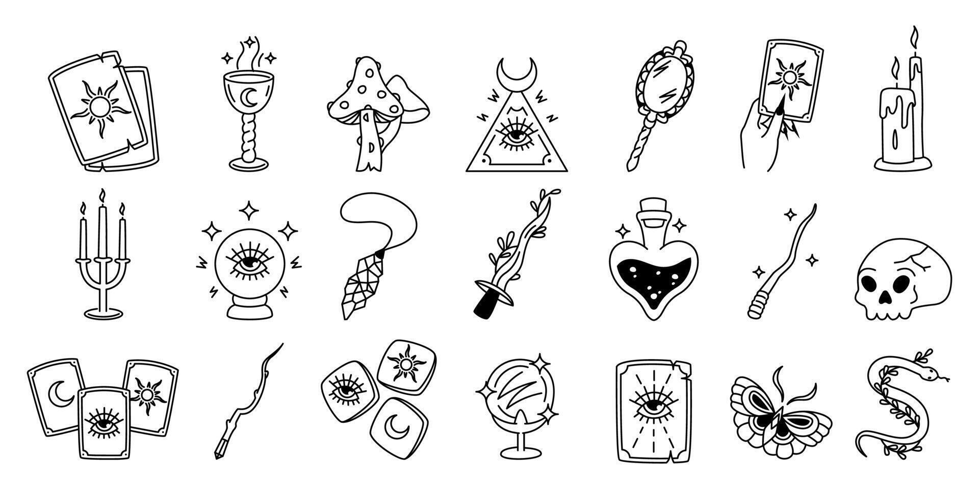 Magic tarot line icons. Mystic cute wizard occult symbols for tarot cards design, astrology alchemy divination knowledge, crystal ball, magician hand, eye. set vector