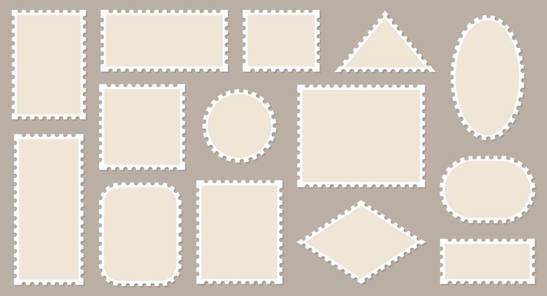 Blank post stamp. Postage frame form, vintage empty postcard stamp frame with perforated border, mail delivery sticker template, philately element. stamps isolated set vector