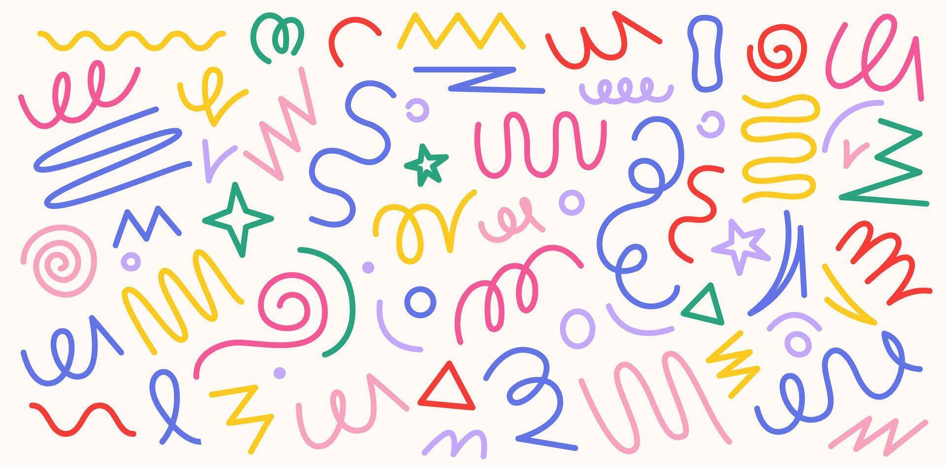 Confetti colorful lines. Kids celebration background with abstract minimal geometric confetti, doodle kid birthday decorative elements graphic design. isolated set vector