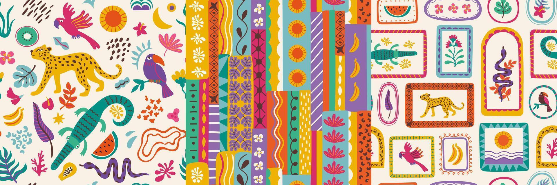 Exotic patchwork. Seamless print of tropical flowers animals and leaves, abstract tropic floral geometric shapes with jungle safari motifs. boho texture vector
