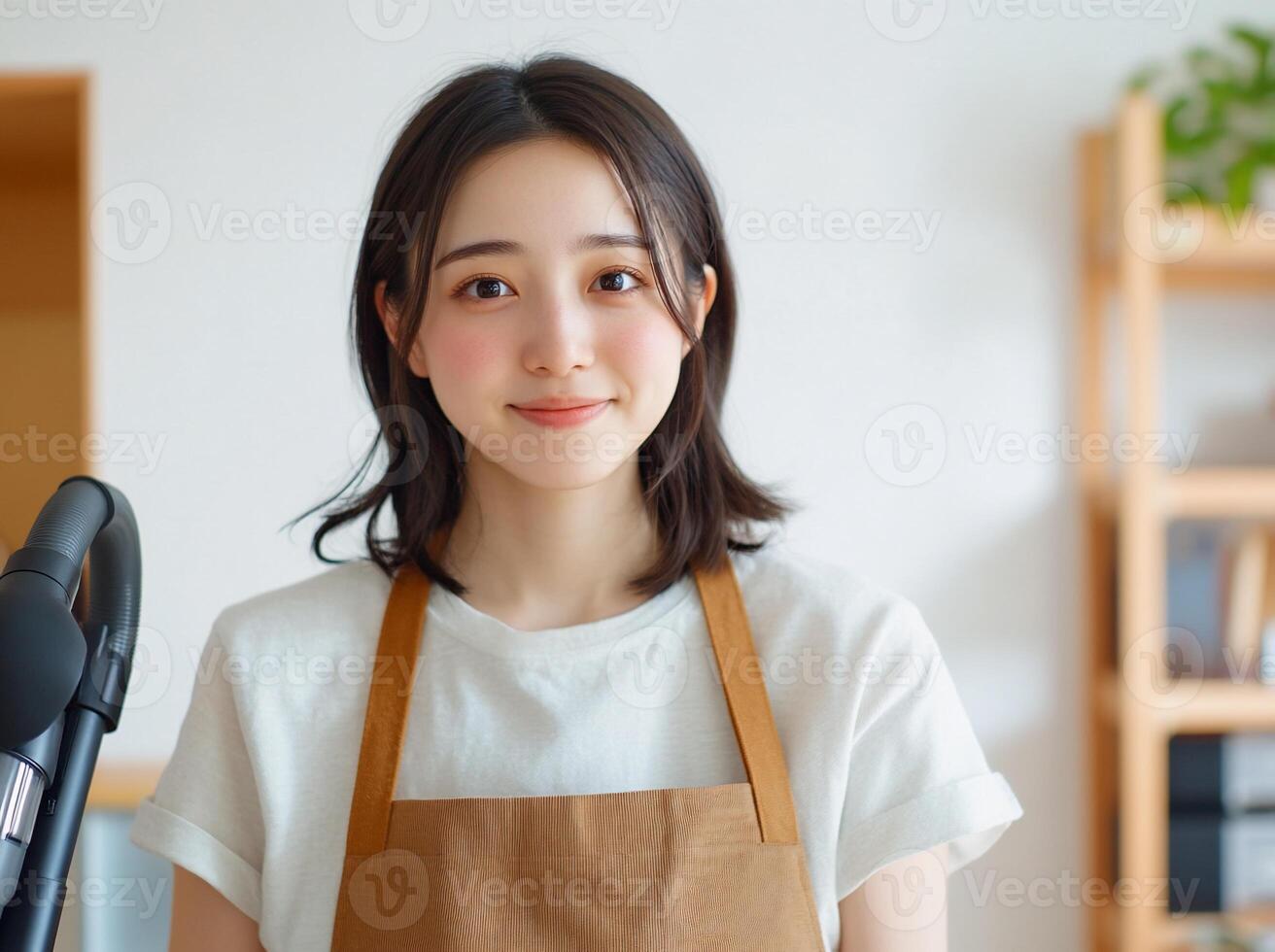 Young woman wearing apron, smiling photo