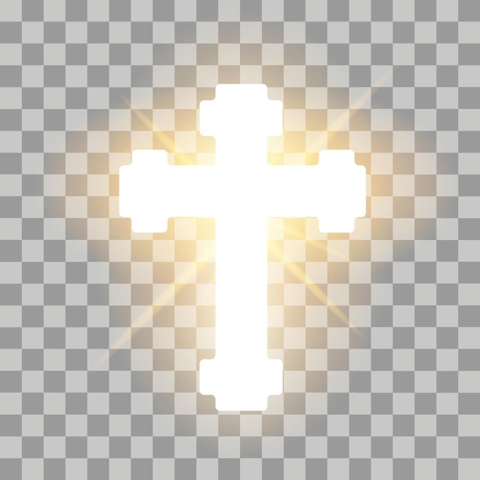 Shining cross. Christian crosses with light rays holy religious hope, faith symbol on transparent background, catholic church white icon. bright heaven glowing cross vector